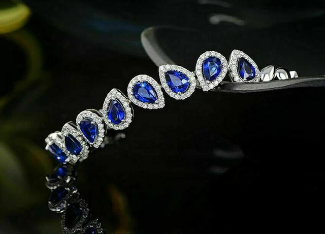 Pear Cut 7 Ct Simulated Sapphire Women's Tennis Bracelet Gold Finish 925 Silver