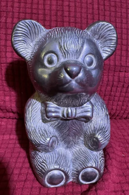 Vintage Teddy Bear Bank Silver Plate Metal Bow Tie by Leonard 5 Inch Piggy Bank