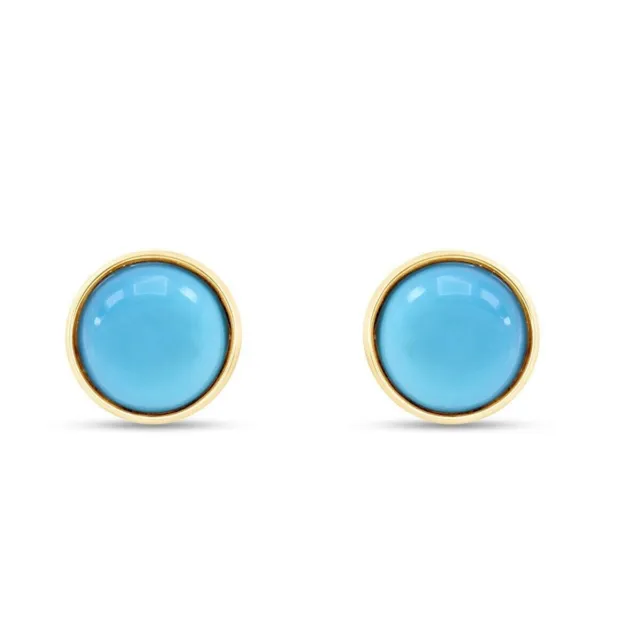 Dome Button Stud Earrings Bezel Set Turquoise 14K Yellow Gold Plated 925 Silver