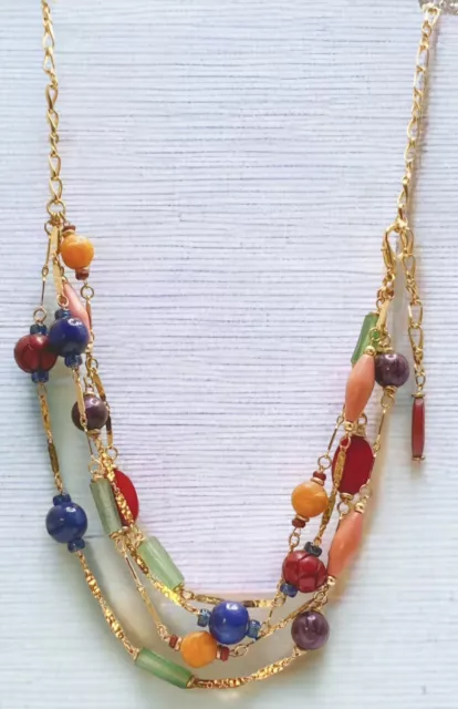 20-30”Long Necklace Blue/Red/Purple/Green/Saffron Lucite & Wooden Beads Goldtone