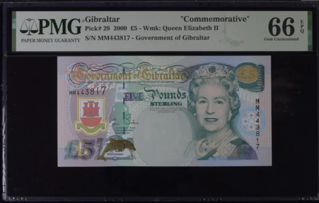 Gibraltar 5 Pounds 2000 P 29 Comm. Gem UNC PMG 66 EPQ