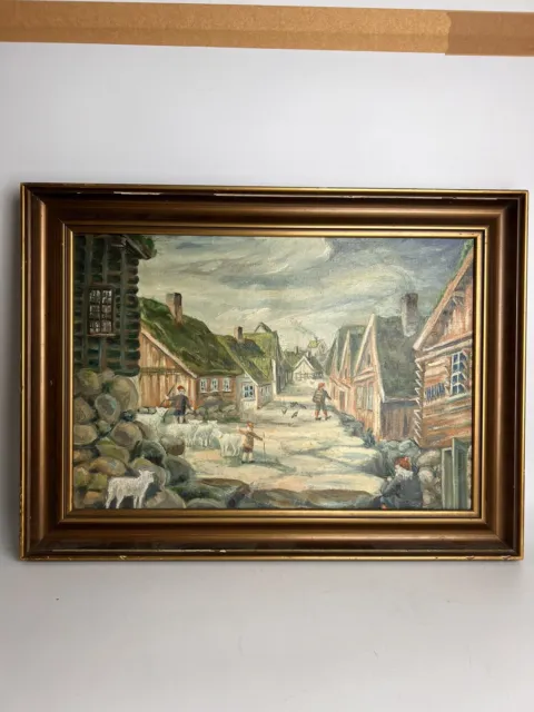 Original Oil On Canvas Painting Dutch Folk Art Village Farming Scene Gilt Frame