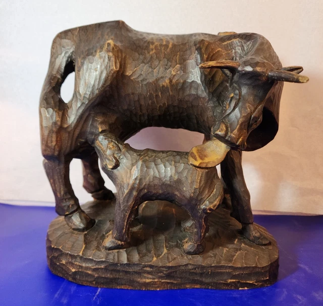 Vtg. Hand Carved Cow With Baby Calf Feeding Wooden Sculpture.