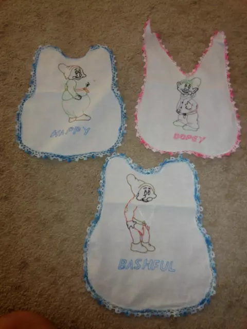Vintage lot of 3 Embroidered Bibs to Finish Dwarfs, Dopey, Happy, Bashful