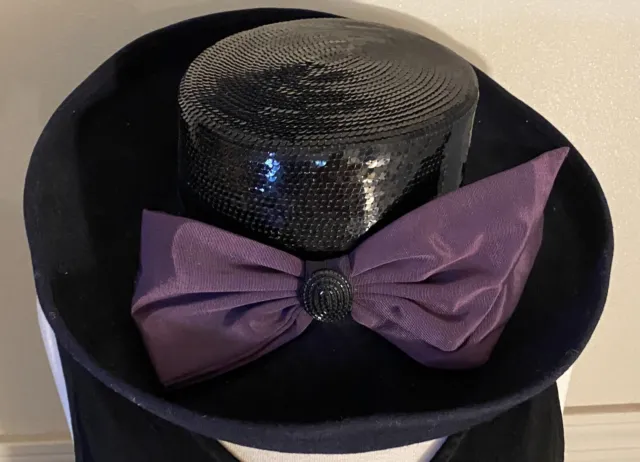 WHITTALL & SHON Black Hat Purple bow and sequins design 22.5"