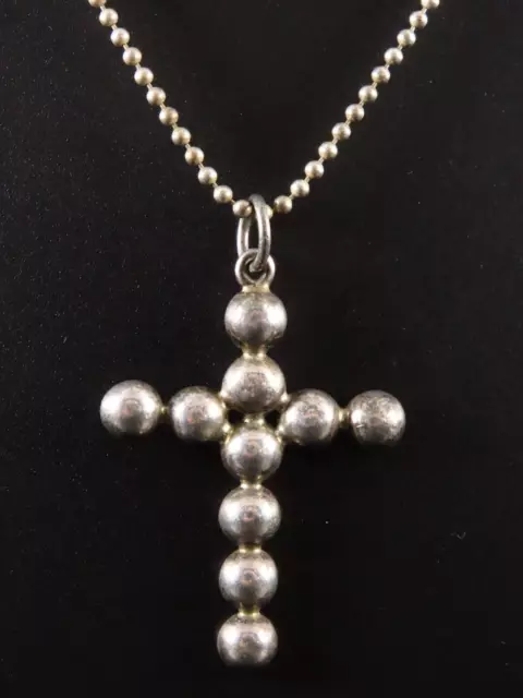 STERLING SILVER Ball Bead Chain Necklace HALF BALL CROSS PENDANT Mens Unisex 28"