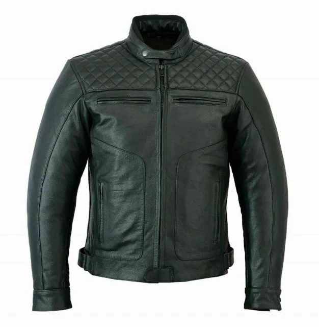Men's Genuine Lambskin Leather Solid Pattern Quilted Biker Black Coat Jacket