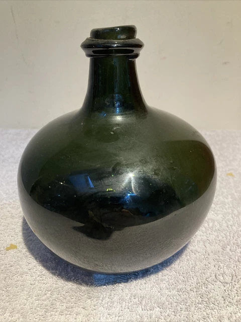 Old Onion Shaped Green Glass Bottle, Hand Made