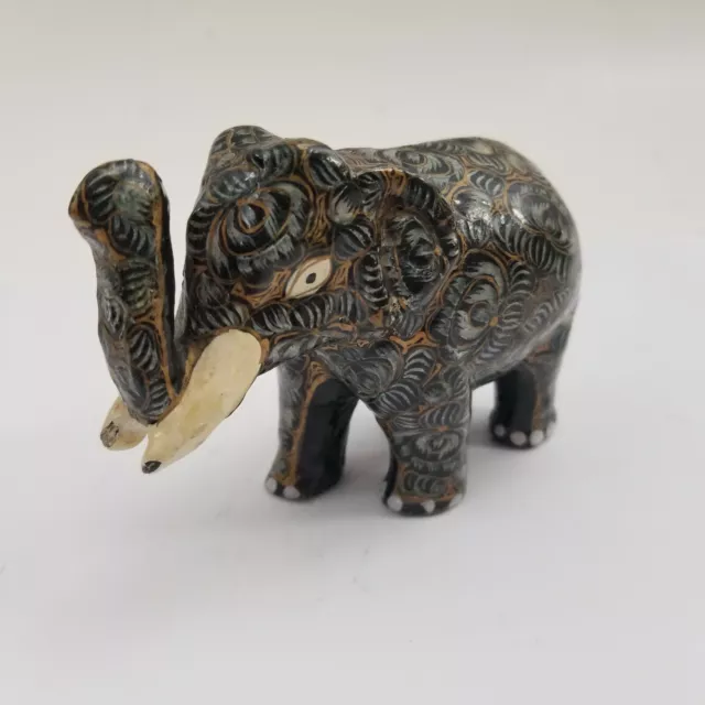 Antique Hand-Carved Wooden Asian Indian ELEPHANT STATUE Painted Sculpture 3.5"
