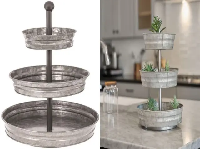 WallCharmers 3 Tier Galvanized Round Metal Tray, Three Tiered Serving Tray...
