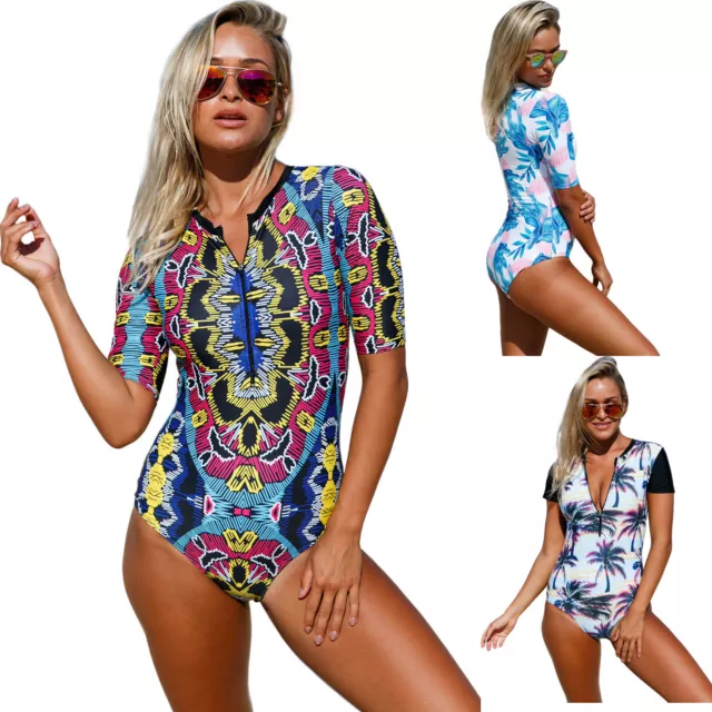 Zip front half sleeve one piece swimsuit swimming pool women summer/beach sexy