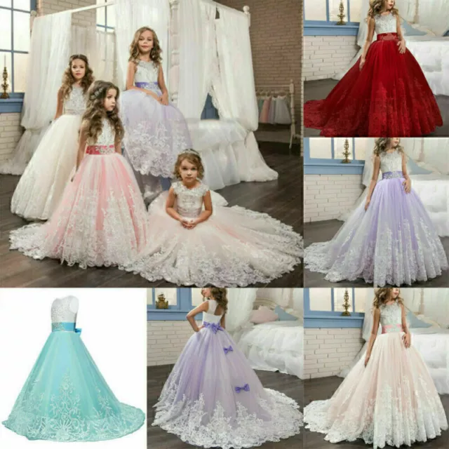 Kinder Blumenmädchen Tüll Partykleid Prinzessin Tutu Spitze Hochzeit Abendkleid+