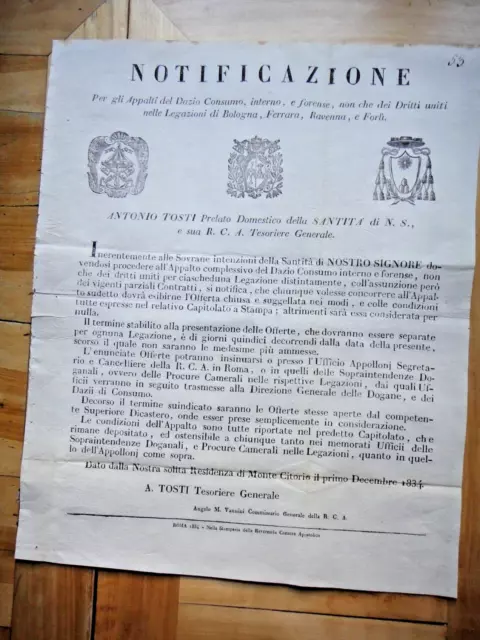 1834-NOTIFICAZIONE-Cardinale ANTONIO TOSTI Tesoriere Generale-Appalto del Dazio+