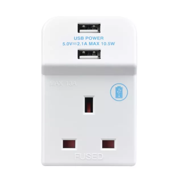 Masterplug 13A Fused 3-Way Socket Adaptor + 2.1A 2-Outlet Type A Usb Charger Whi