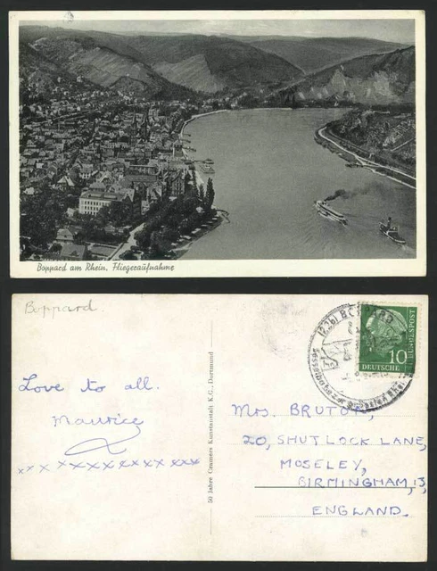 Deutschland 10pf 1957 Alte AK Boppard a Rhein Fliegeraufnahme Luftaufnahme Fluss