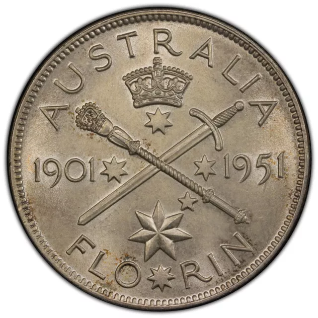 Australia 1951(m) One Florin 2/- (Jubilee)(Silver)- PCGS MS64 (45654970)