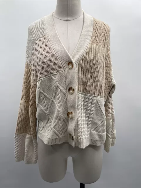 Rails Reese Women's Cream Patchwork Boxy Cable-Knit Cardigan Sweater - Size XS