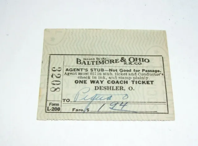Baltimore & Ohio Train Ticket Stub Coach To Piqua O No 3208  1939