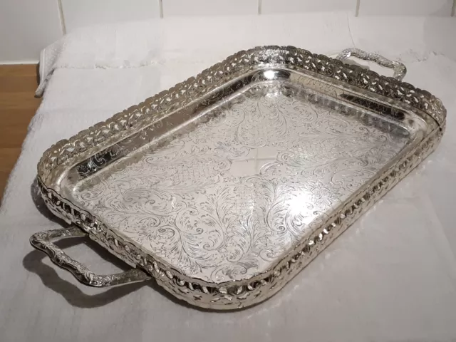 Large Vintage Style 51x29cm Queen Anne Silver Plated Gallery Tray With Handles