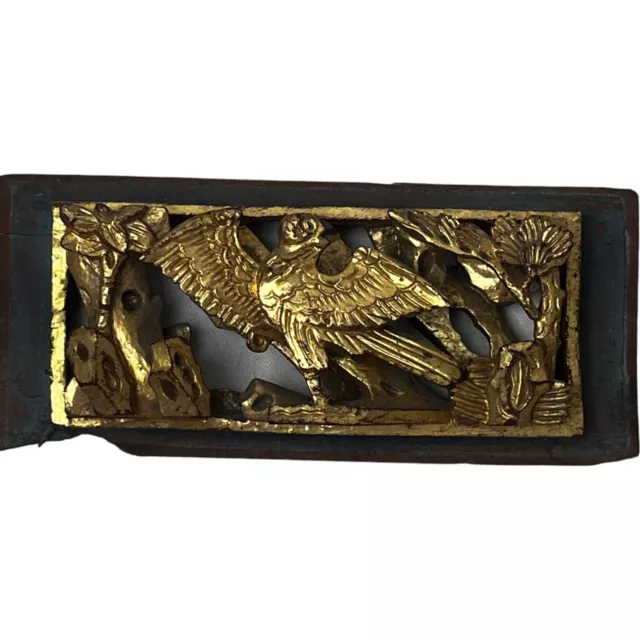 Antique Wooden Gilt Bird Eagle Carved Panel Decorative Architectural Element 6"