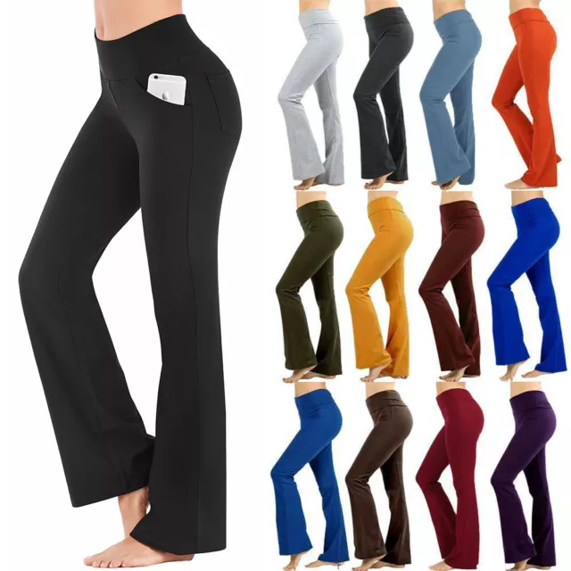 Womens Yoga Pants Flare Leg Fold Over Pockets Bootcut Gym Workout Flare Trousers