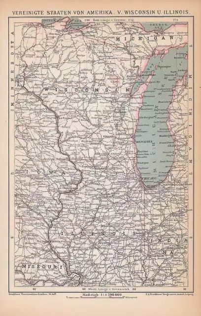 Amerika Wisconsin Illinois Michigan LANDKARTE von 1894 Michigansee