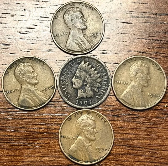 1907 Indian Head Cent Plus 1929 1937 D 1937 S 1938 (5)