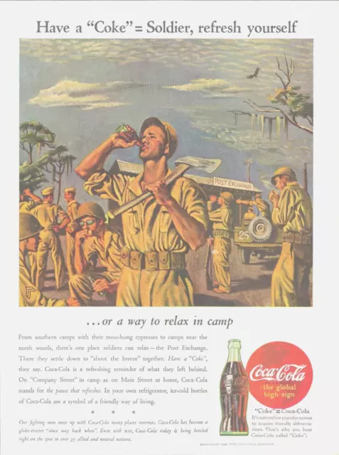 1944 WWII COCA COLA Coke soda marines soldiers military war vtg ART PRINT AD