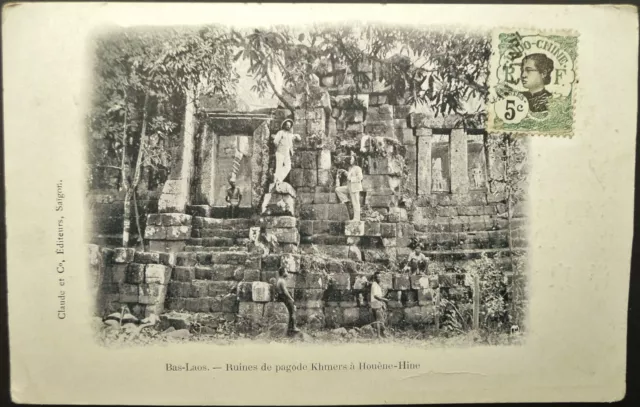 French Indo-China 1908? Picture Postcard Of Men At Ancient Khmer Pagoda Ruins