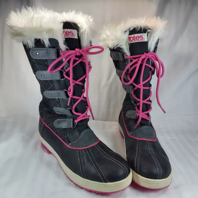 TOTES Snow BOOTS Girls Size 5 Med Suri Black Gray w/ Pink Lace Up Faux Fur