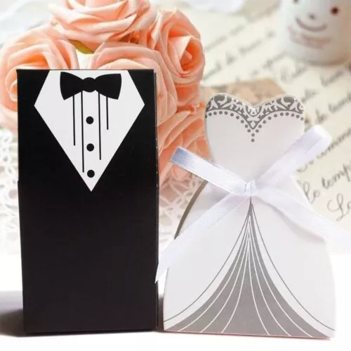Trendy Bride & Groom Dress Tuxedo Party Candy Boxes Pack of 100 with Ribbons