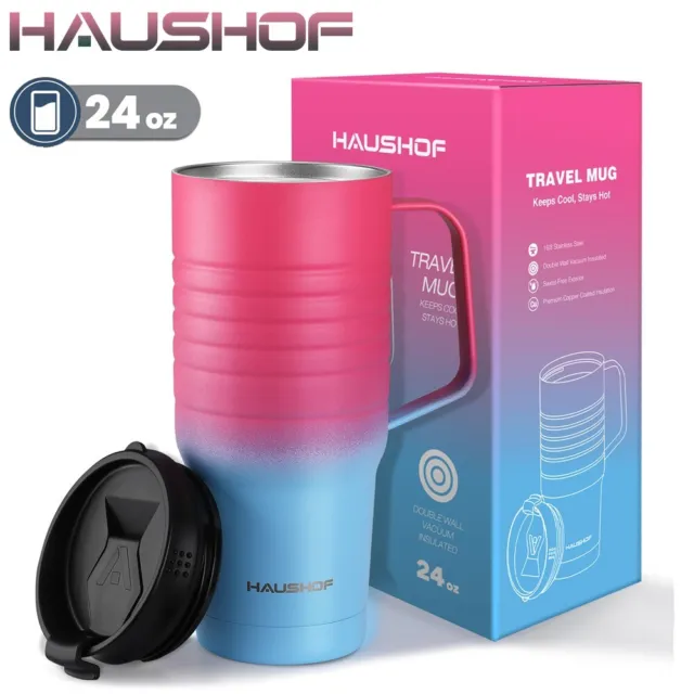 HAUSHOF 24 oz Travel Mug Stainless Steel Vacuum Insulated w/Handle Leakproof Lid
