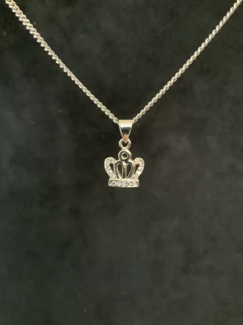 Genuine 925 Sterling Silver 18” Chain Necklace With Small Crystal Crown Pendant