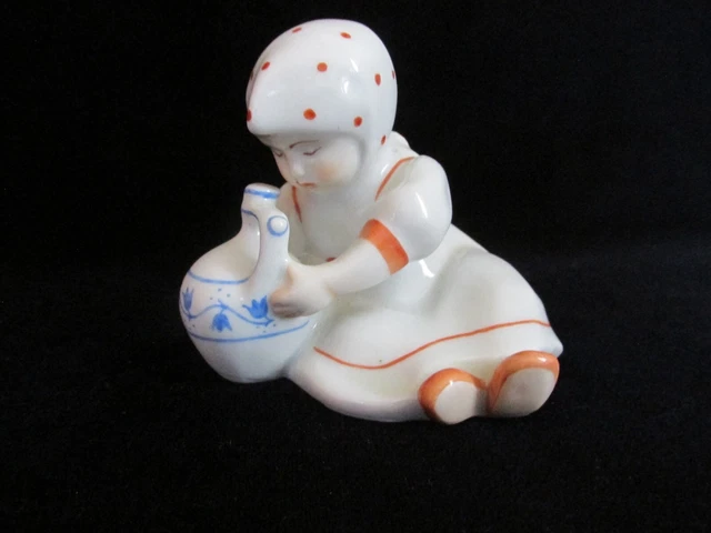 Vintage Zsolnay PECS Hungary Porcelain Janos Torok Girl With Jug 3"H MCM
