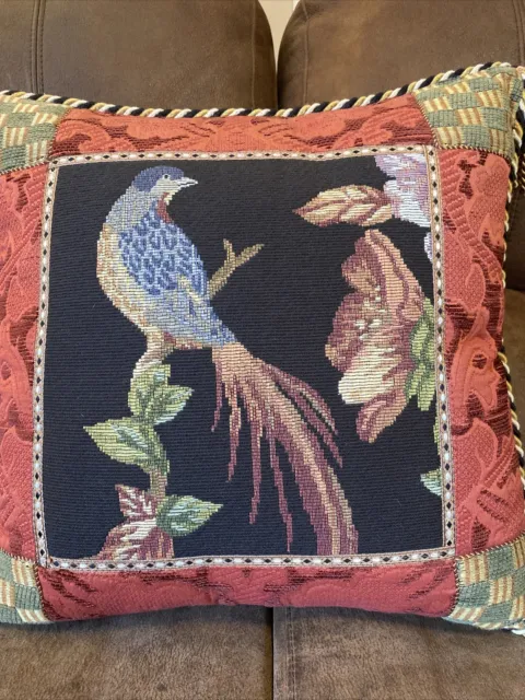Neiman Marcus SWEET DREAMS Throw Pillow Red Black Gold Bird Floral Rope Retired