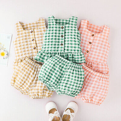 Toddler Baby Girls Plaid Sleeveless Tops Shorts Outfits Set Vest Pants Clothes
