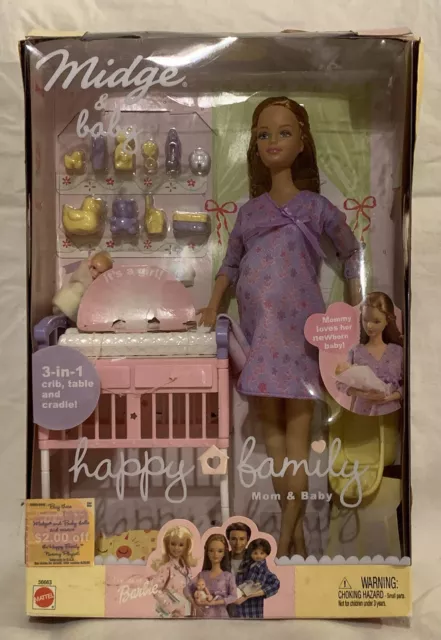 Barbie Happy Family Pregnant Mom Midge & Baby NRFB New w Crib 2002 Mattel 🍼