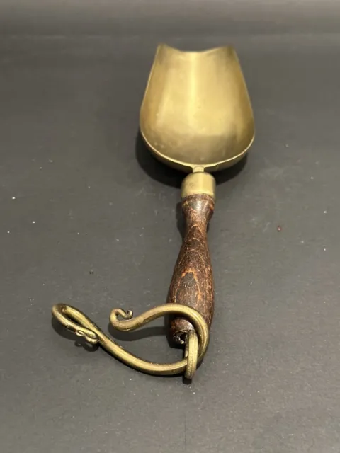 Old Brass Scoop with Wooden Handle and Brass Hook