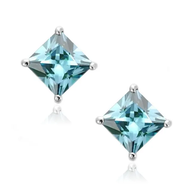 Aquamarine Square Princess Cut CZ Crystal 925 Sterling Silver Stud Earrings