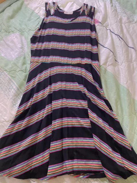 Colorful Party Girls Dress Kids Black Rainbow Cold Shoulder Stripes Flowy Loose
