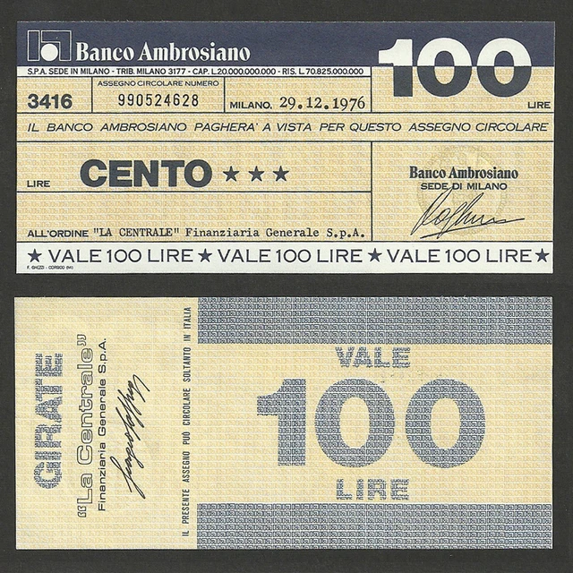 Assegno Banco Ambrosiano 100 Cento Lire Italia Miniassegni 1976 Italy Notgeld