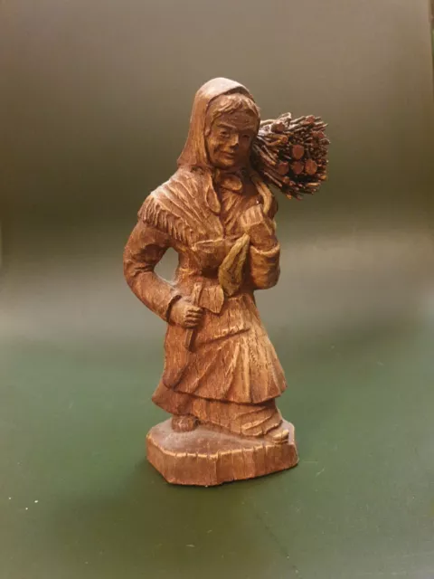 Vintage SIC France  Hand Carved Wooden Figurine Women Carring Firewood