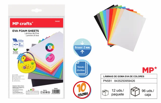 Pack 10 Laminas de Goma Eva - 20 x 30 cm - Grosor 2 mm - MP - Surtido de Colores