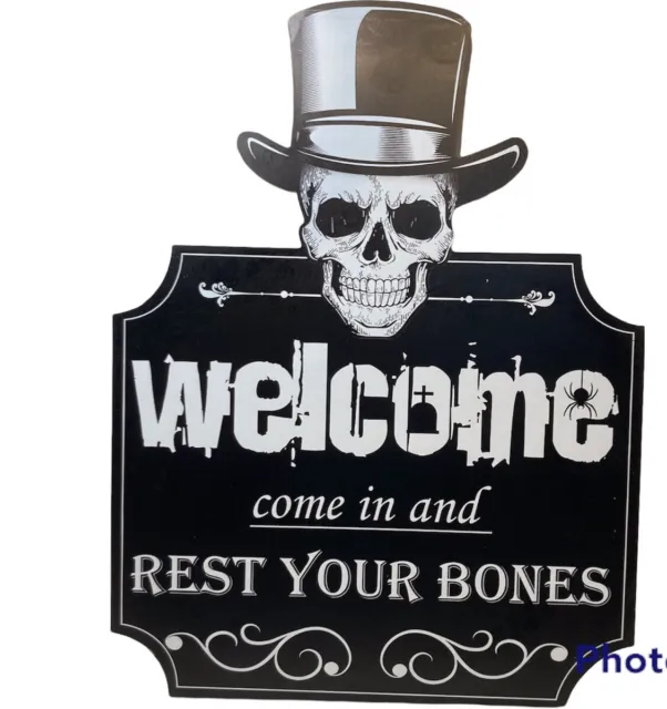 Halloween Theme Welcome Sign 15.75" x 12” Skull Rest Your Bones Black White Wall