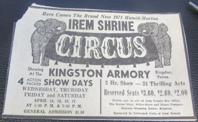 1971 - Irem Shrine Circus - Kingston Armory - Newspaper Ad - V
