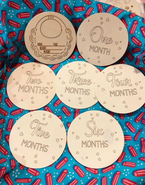 Wooden Milestone Cards Newborn Baby Shower Gift Month Cards Round Wood 7 Discs