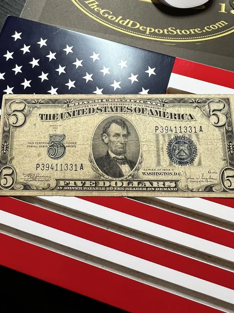 1934 C $5 Five Dollar Silver Certificate Blue Seal Nice Note P39411331A