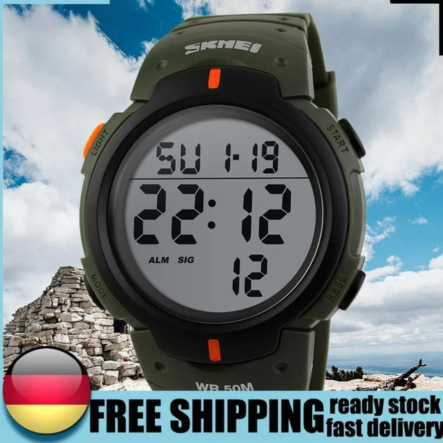 TONSHEN Uomo Fashion Sportivo Orologi Da Polso 50M Impermeabile Led Elettronico Doppio Tempo Allarme 532824