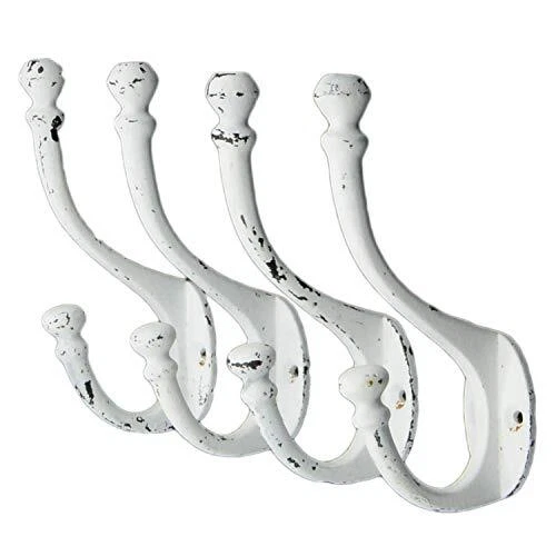 Vintage Cast Iron Wall Hooks Antique White Finish Set of 4 - Rustic Farmhouse...