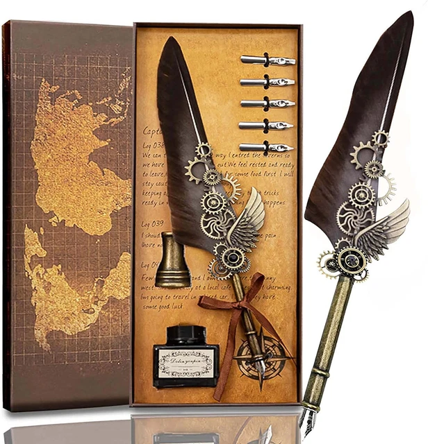 Jubapoz Feather Pen Calligraphy and Ink Set Antique 8 Piece Set, Grey